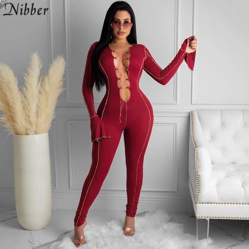 Sexy Lace Up V-neck Flared Sleeves Jumpsuits_1