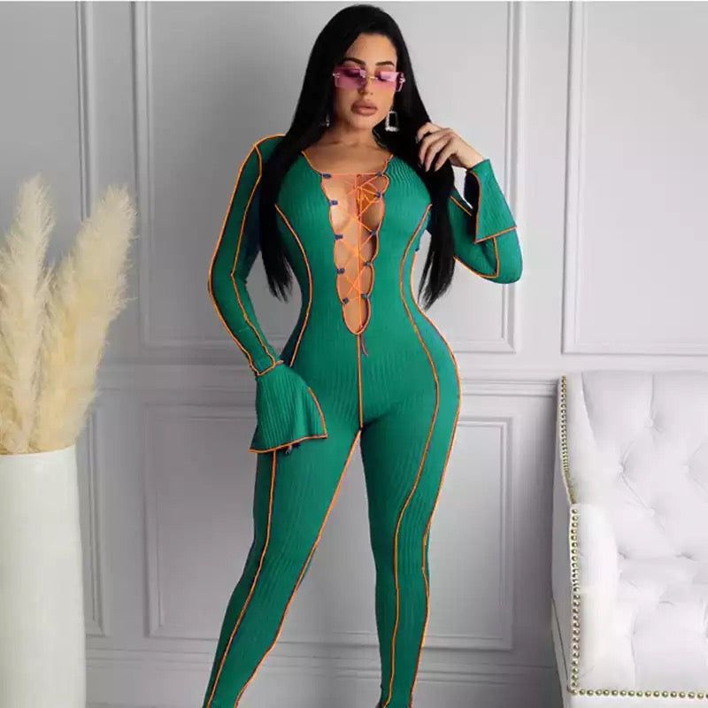 Sexy Lace Up V-neck Flared Sleeves Jumpsuits_2