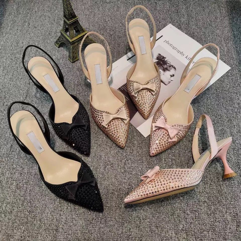 Pointed Toe Bow Glitter Heels_0