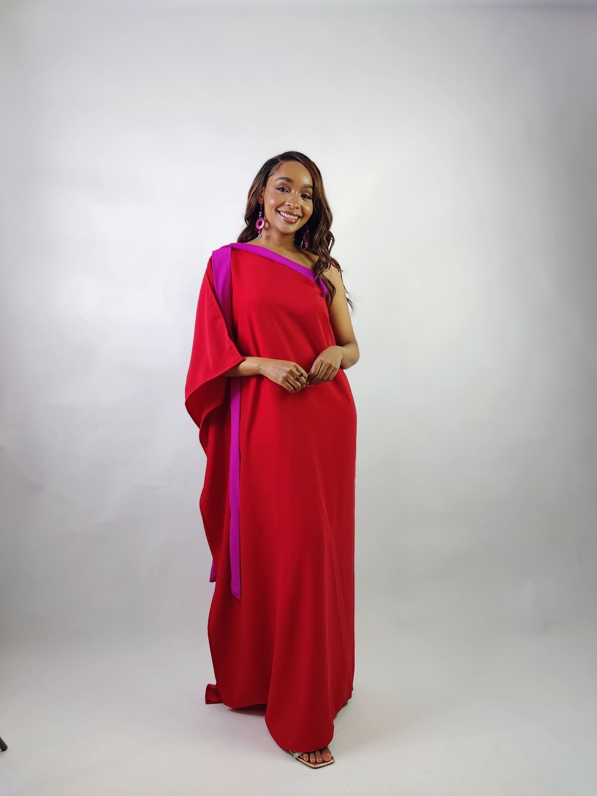 Fuchsia×Red One Shoulder Kaftan _3