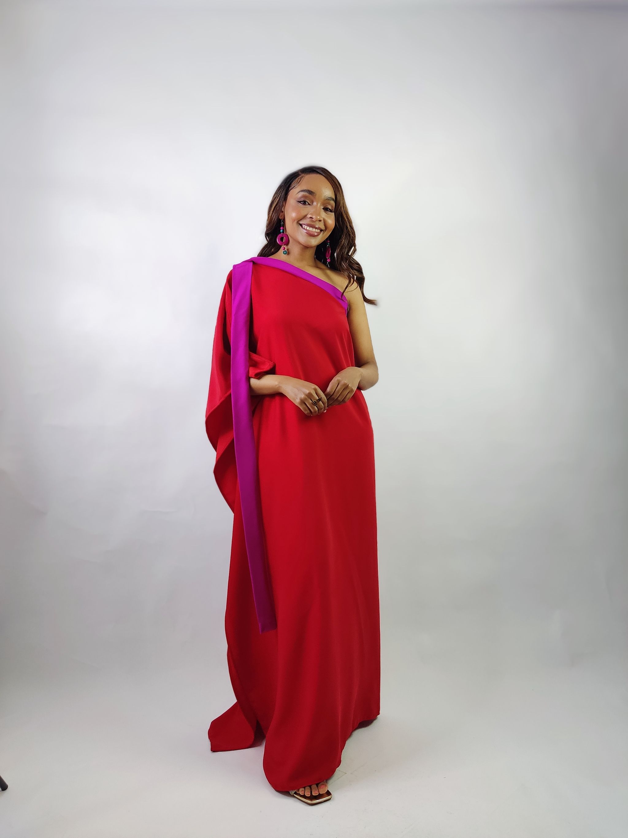 Fuchsia×Red One Shoulder Kaftan _1