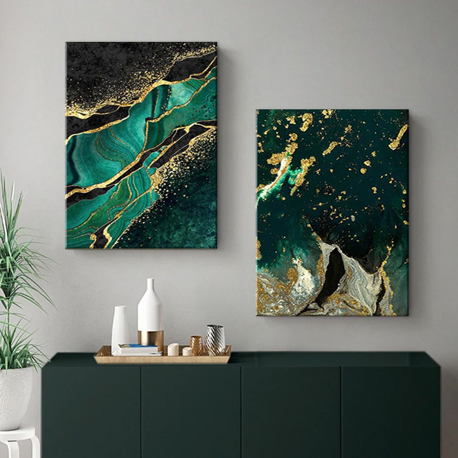 Gold Green Marble Modern Abstract 3 Piece Canvas Wall Art For Living Bedroom Office Home Decor _2