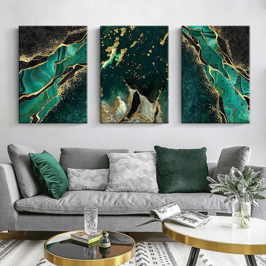 Gold Green Marble Modern Abstract 3 Piece Canvas Wall Art For Living Bedroom Office Home Decor _0