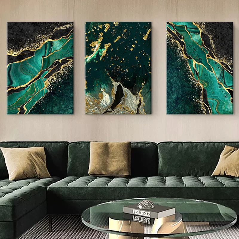 Gold Green Marble Modern Abstract 3 Piece Canvas Wall Art For Living Bedroom Office Home Decor _1