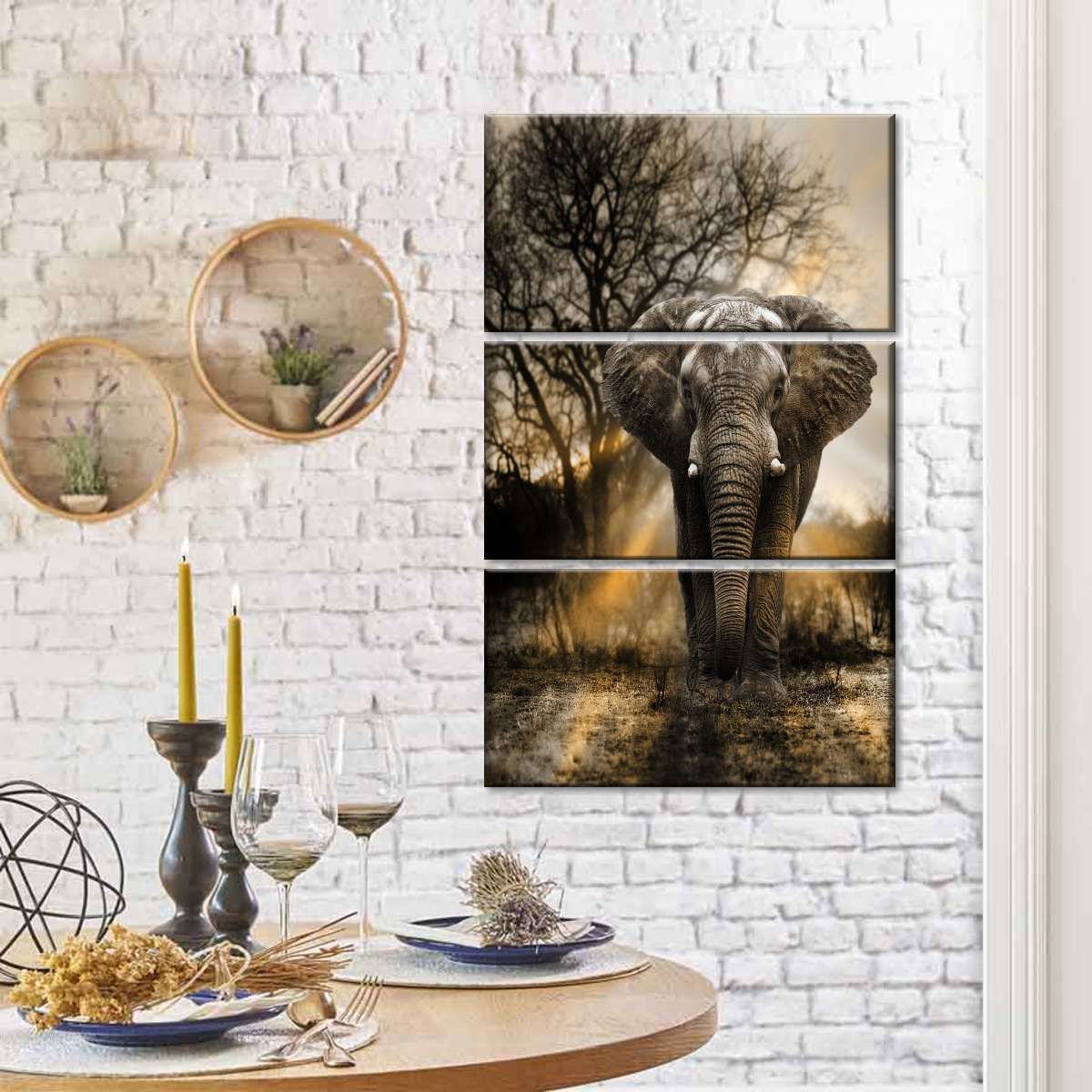 Elephant Sunset 3 Piece Canvas Wall Art For Living Bedroom Office Home Decor _3