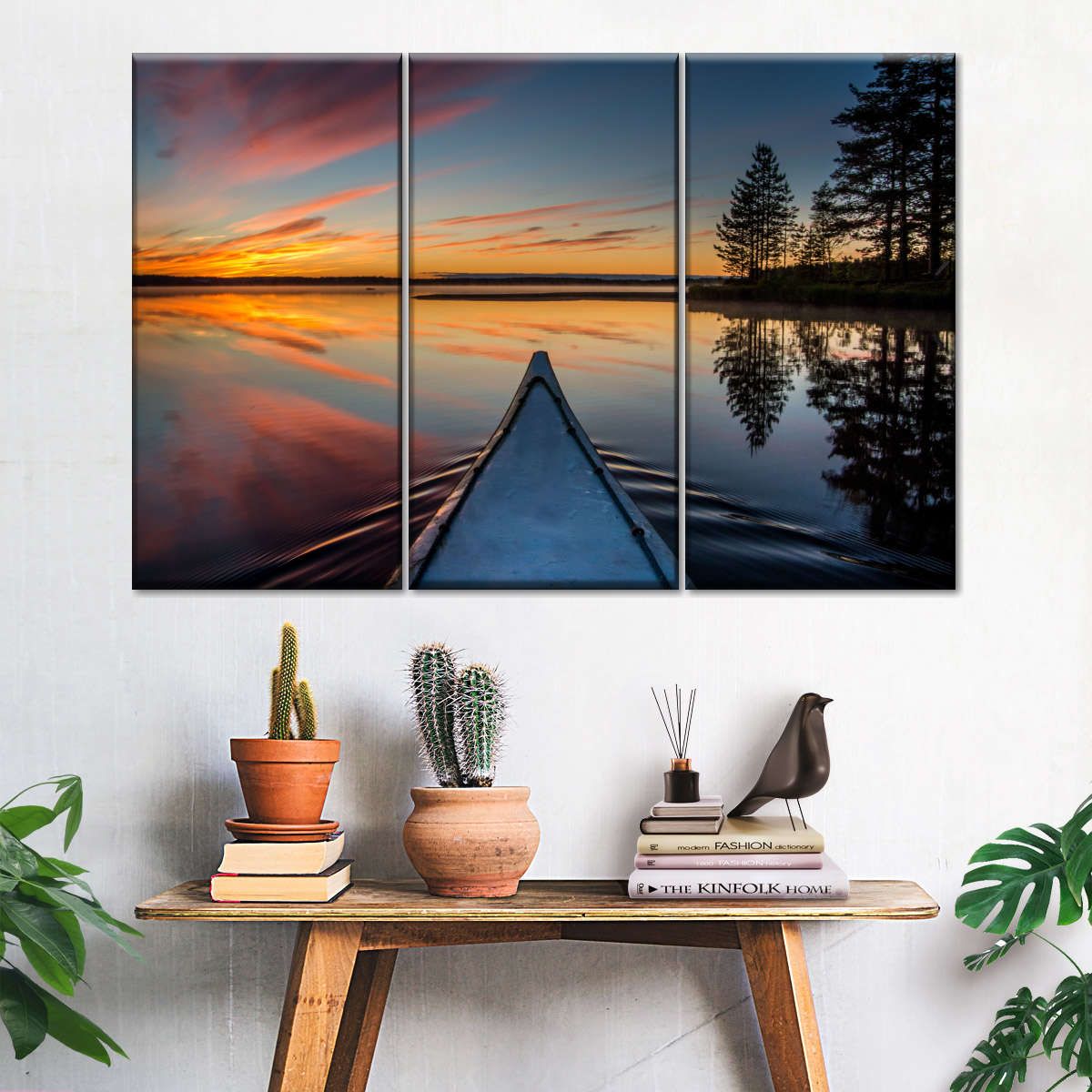 Canoe Sunset 3 Piece Canvas Wall Art For Living Bedroom Office Home Decor _3