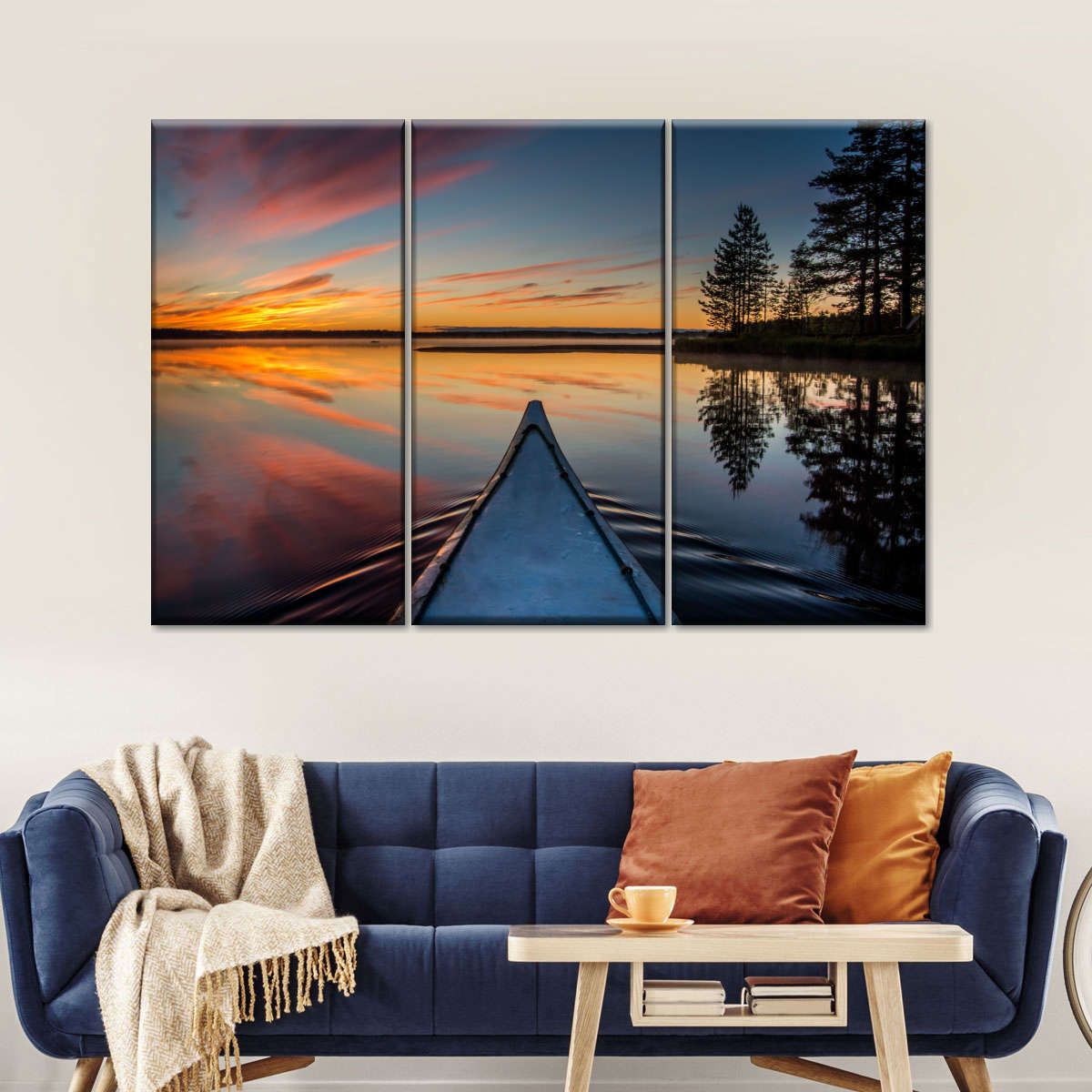 Canoe Sunset 3 Piece Canvas Wall Art For Living Bedroom Office Home Decor _0