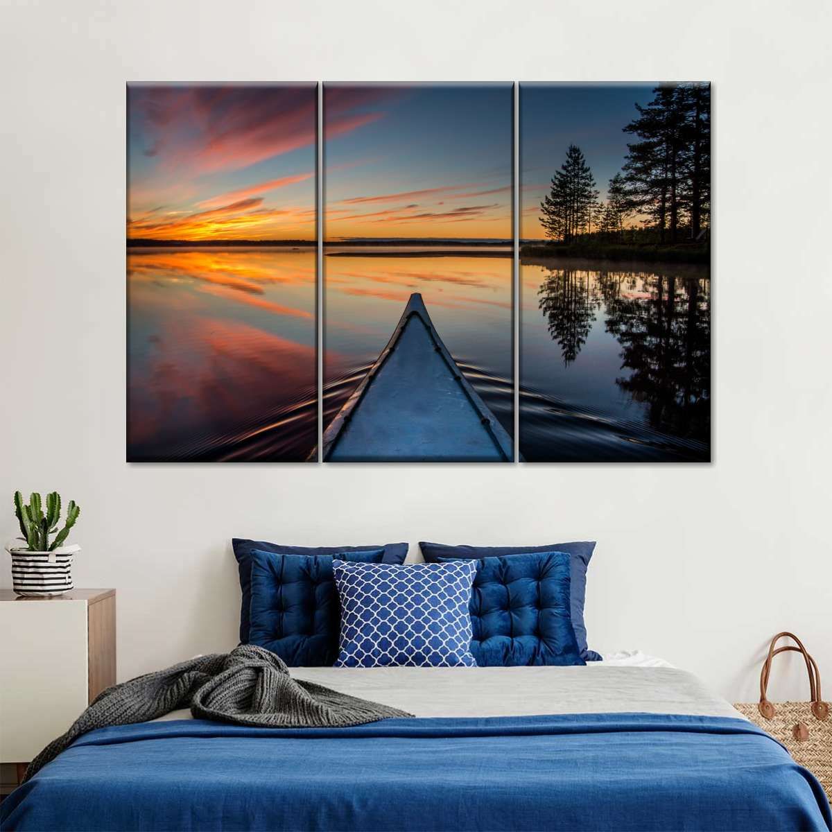 Canoe Sunset 3 Piece Canvas Wall Art For Living Bedroom Office Home Decor _1