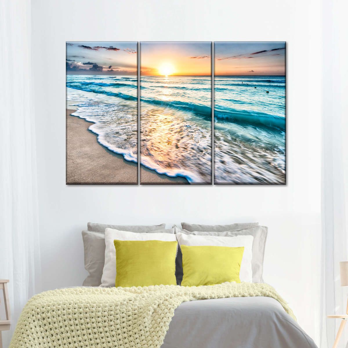 Foamy Beach Sunset 3 Piece Canvas Wall Art For Living Bedroom Office Home Decor _1