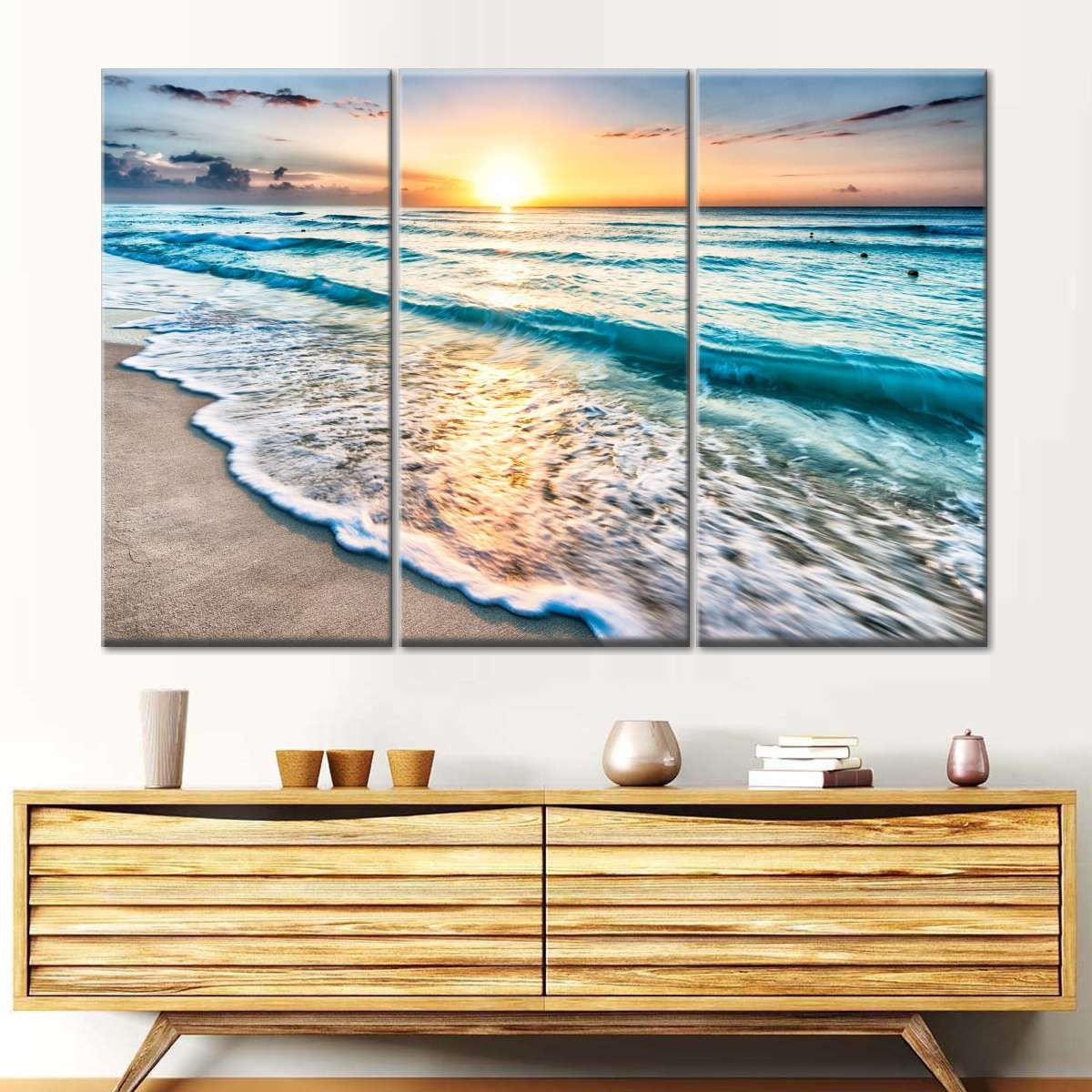 Foamy Beach Sunset 3 Piece Canvas Wall Art For Living Bedroom Office Home Decor _2