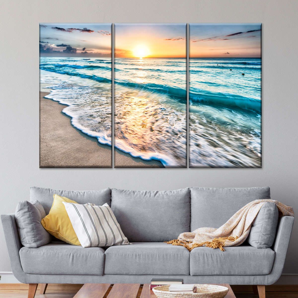 Foamy Beach Sunset 3 Piece Canvas Wall Art For Living Bedroom Office Home Decor _0