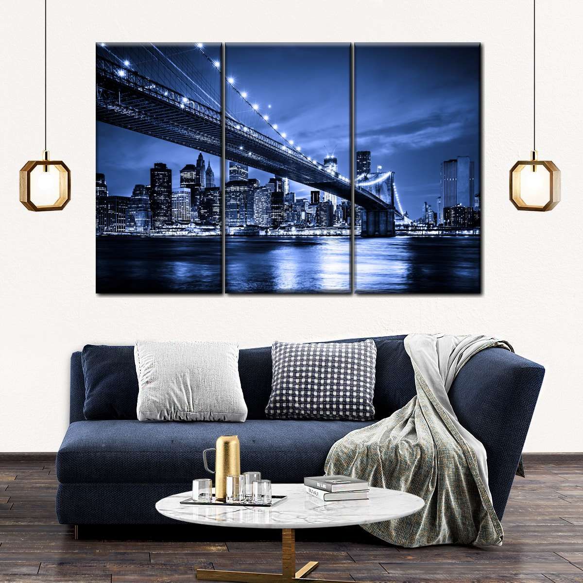 Blue Brooklyn Bridge 3 Piece Canvas Wall Art For Living Bedroom Office Home Decor _0