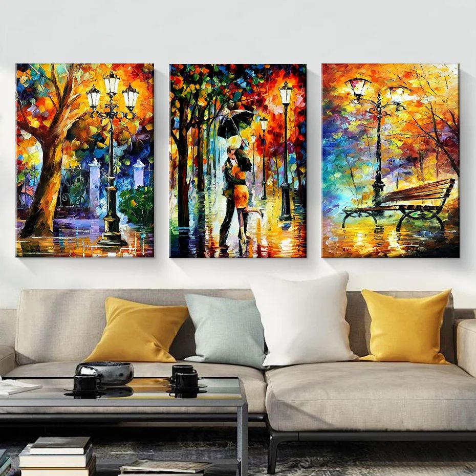 Forest Rainy Street Abstract 3 Piece Canvas Wall Art For Living Bedroom Office Home Decor _0