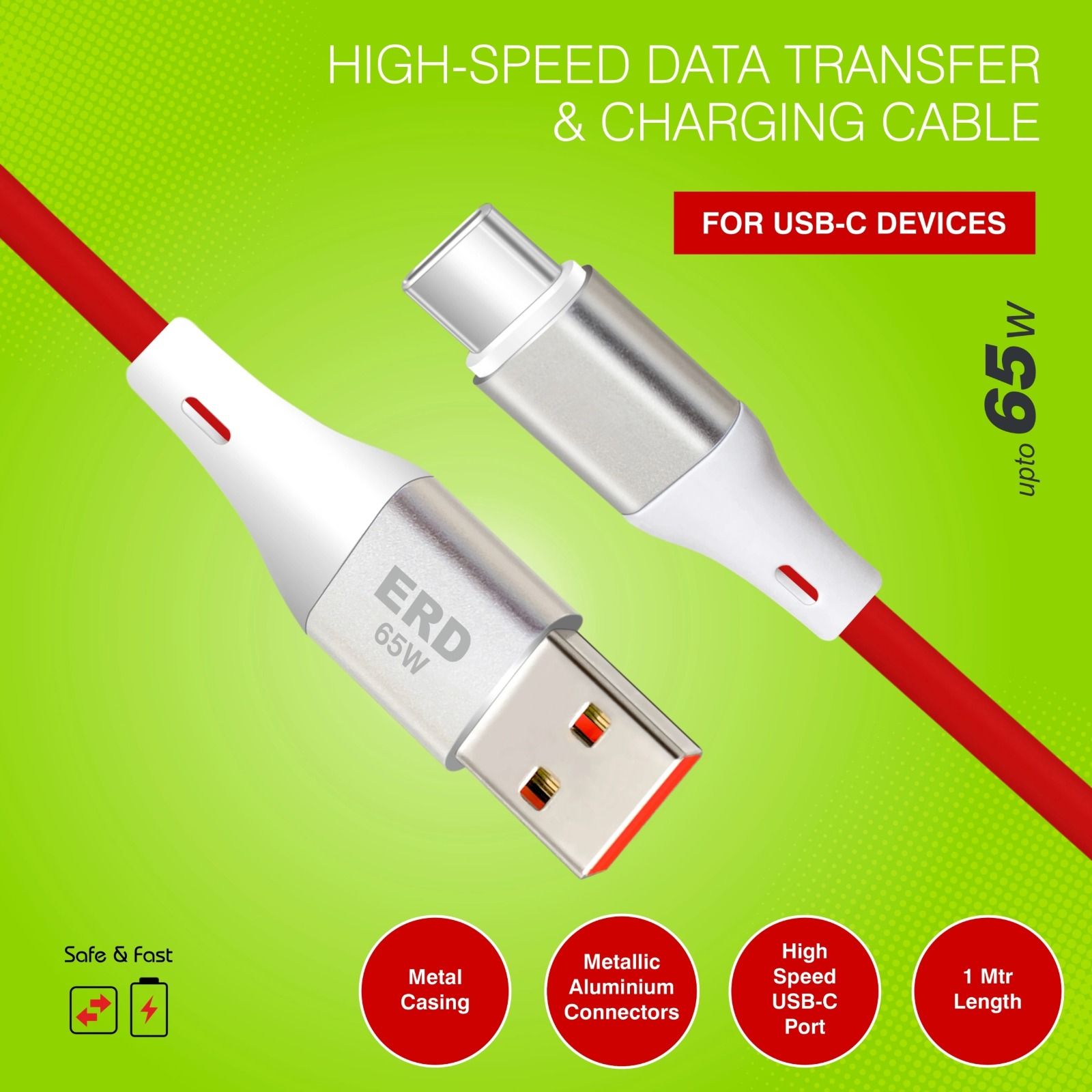 ERD UC-241 Metal Casing Type-C Data Cable, 65Watt (RED)_1