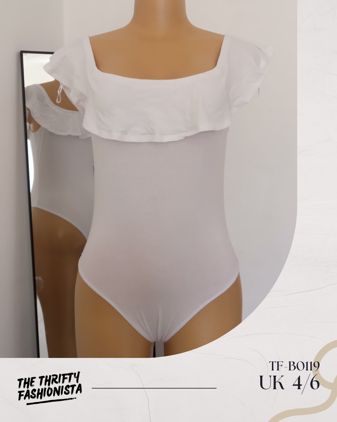 White Square Neck Short Waterfall Off-shoulder Bodysuit_0