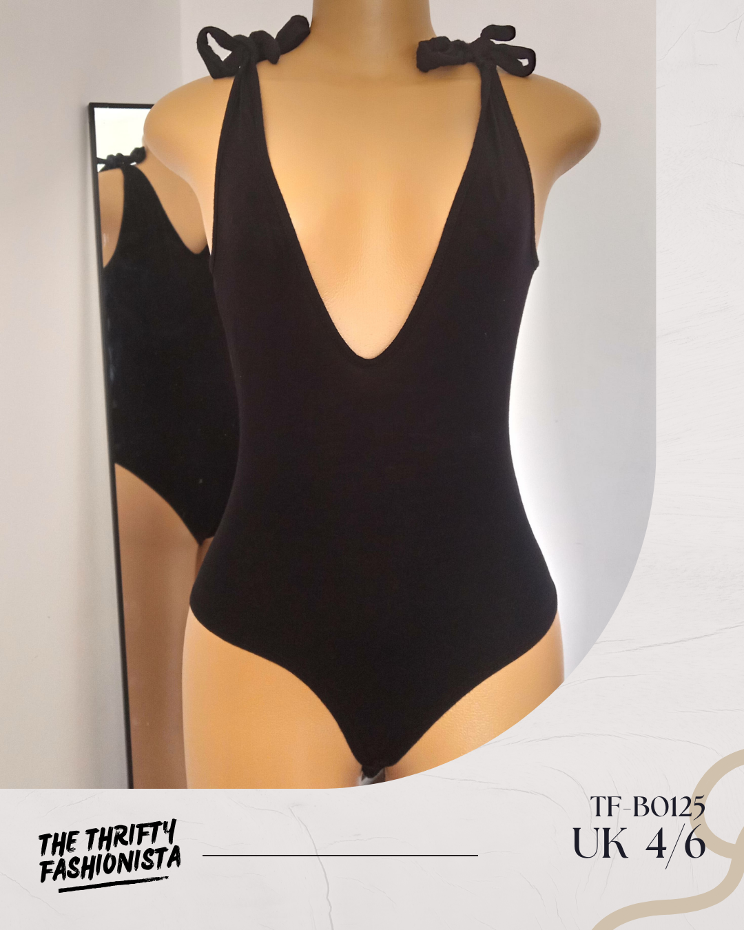 Black Deep V-neck Bow-Straps Sleeveless Bodysuit_0