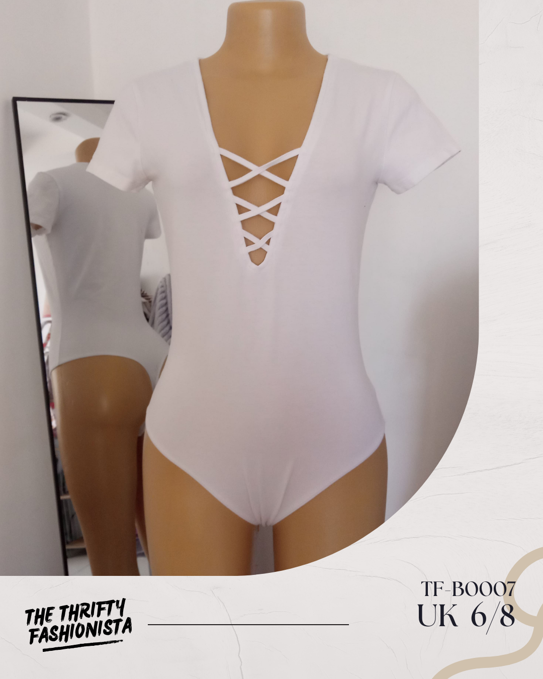 Unique White Deep V-neck  Front crisscross tie Short-Sleeved Bodysuit_0