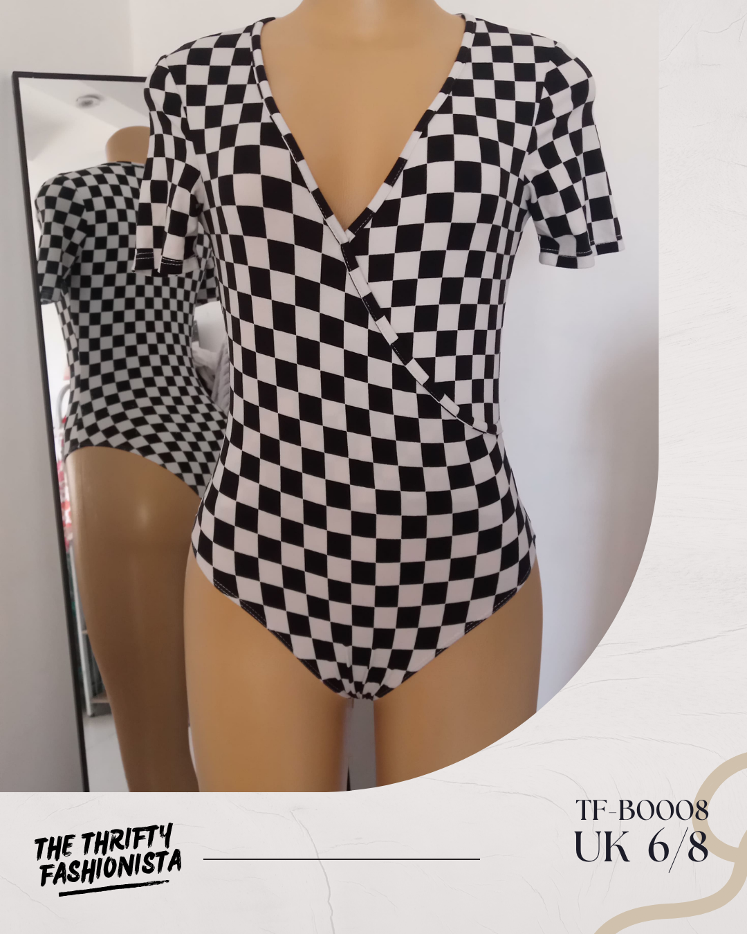 Unique White & Black Checkered  Deep V-neck Short-Sleeved Bodysuit_0