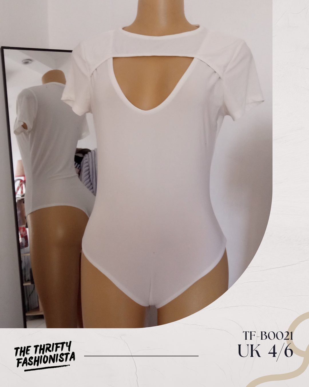 White Unique Round Neck Front cut out Short Sleeved Bodysuit_0