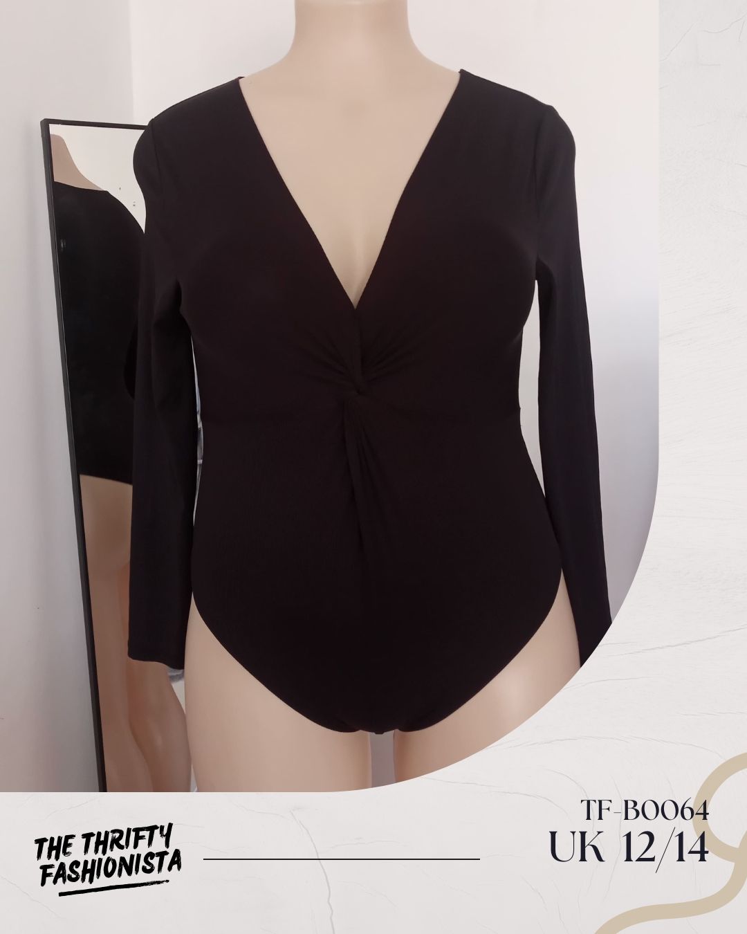 Elegant Black Front Knot Deep V-neck Long Sleeve Bodysuit_0