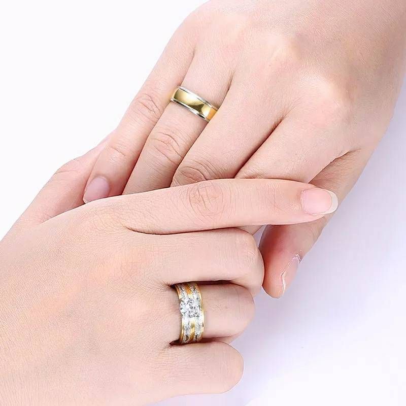 Couple Rings - Women Exquisite Rhinestones Zirconia Rings Set Simple Stainless Steel Men Ring Fashion Jewelry For Lover Gifts_1