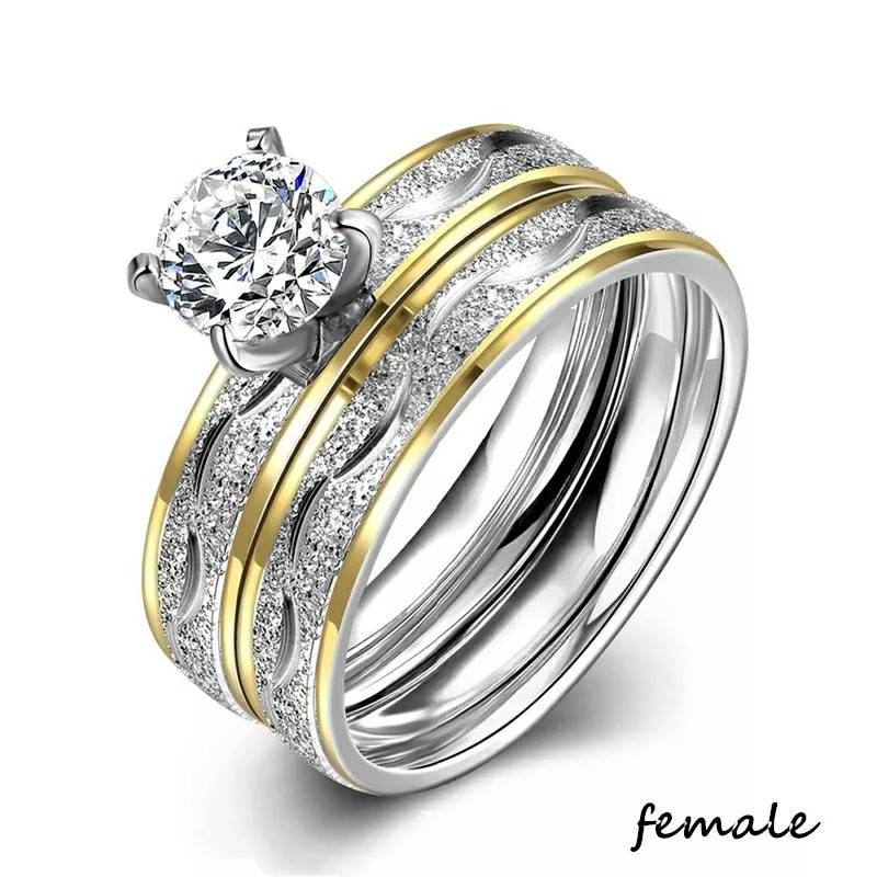 Couple Rings - Women Exquisite Rhinestones Zirconia Rings Set Simple Stainless Steel Men Ring Fashion Jewelry For Lover Gifts_2