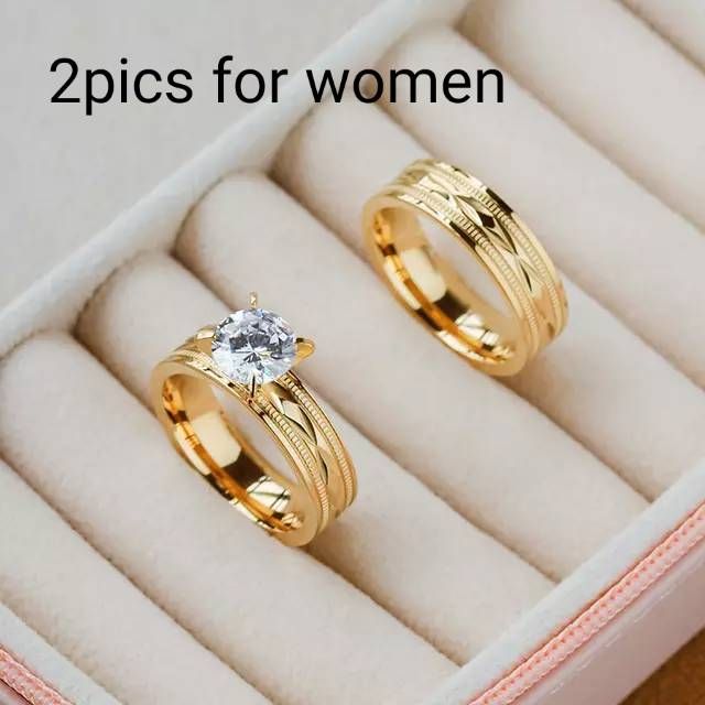 Stainless Steel Jewelry Dubai 18k Gold Plated Wedding Zircon Couple ing Diamond Engagement Ring set_8