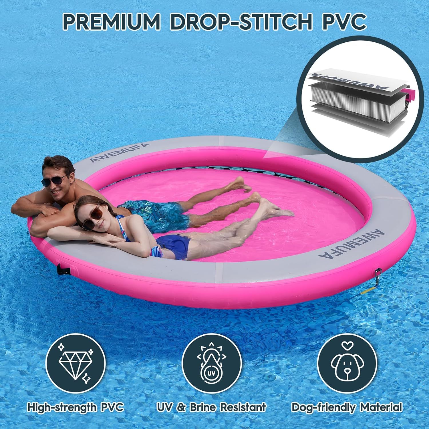 Inflatable Floating Raft Water Hammock Round Dock Platform 8ft Circle Float Ring Lake Pad Adults and Dogs to Cool Off at The Beach Pool Lake._1