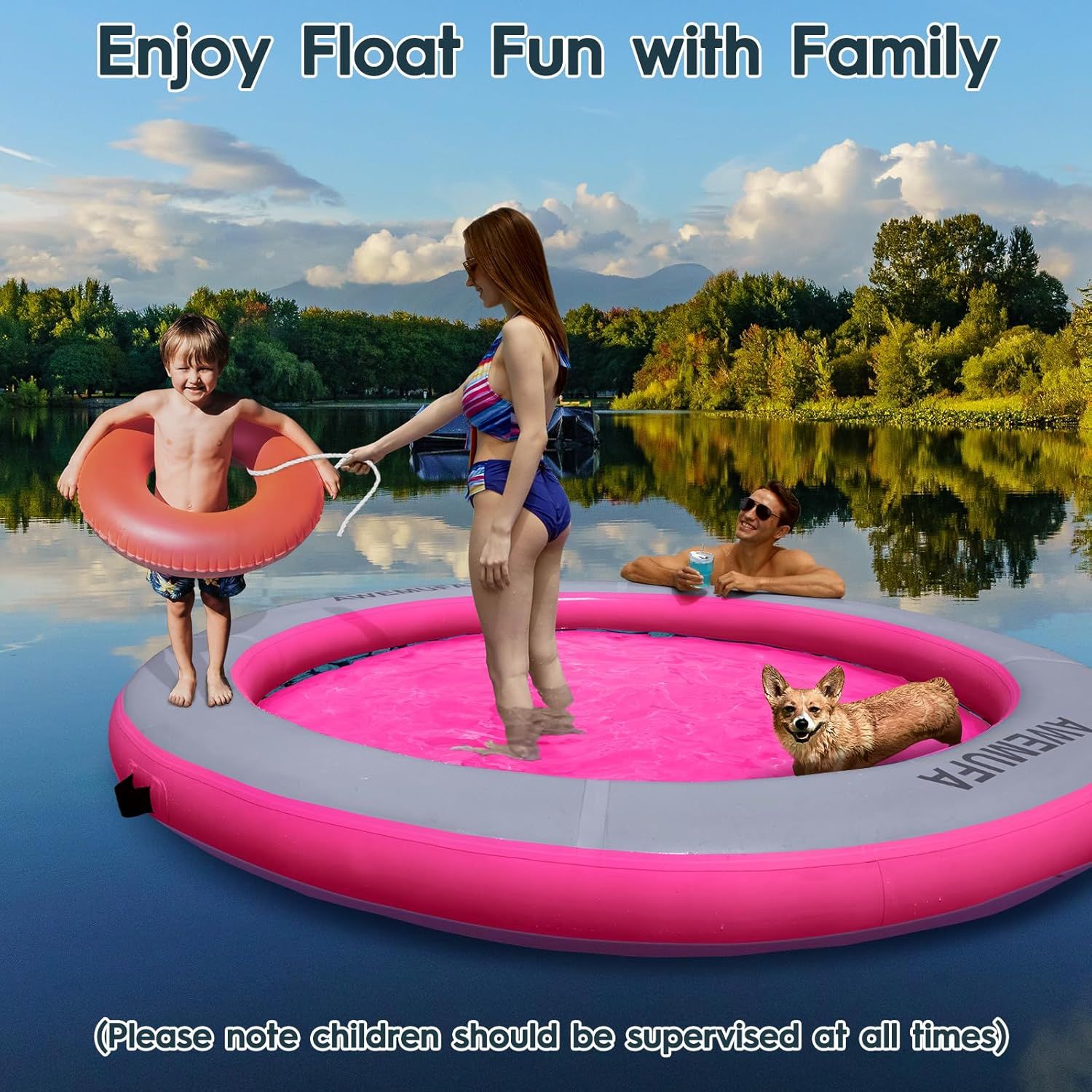 Inflatable Floating Raft Water Hammock Round Dock Platform 8ft Circle Float Ring Lake Pad Adults and Dogs to Cool Off at The Beach Pool Lake._3