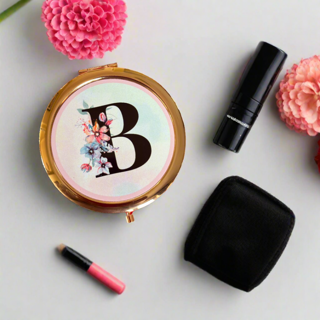 Modern Rose Gold Compact Mirror | Floral A to Z Initials_0