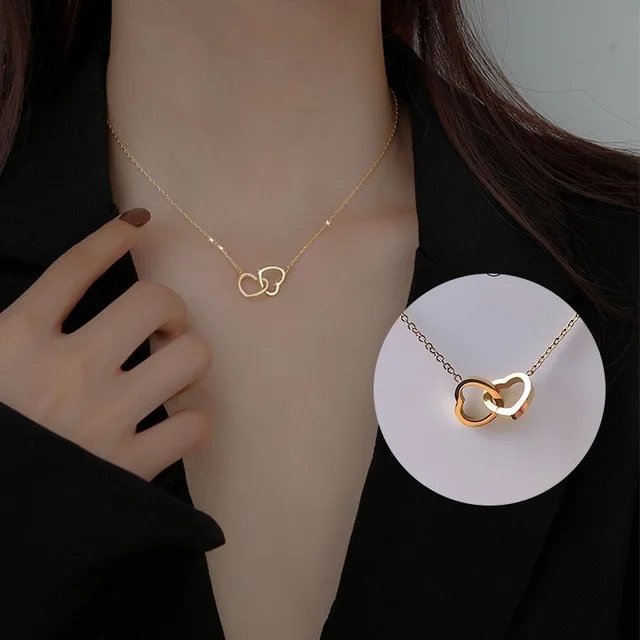 Double Heart Pendant Necklace Luxury Women's Gold Silver Necklace Party Jewelry_1