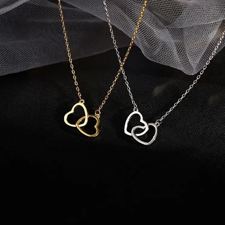 Double Heart Pendant Necklace Luxury Women's Gold Silver Necklace Party Jewelry_0