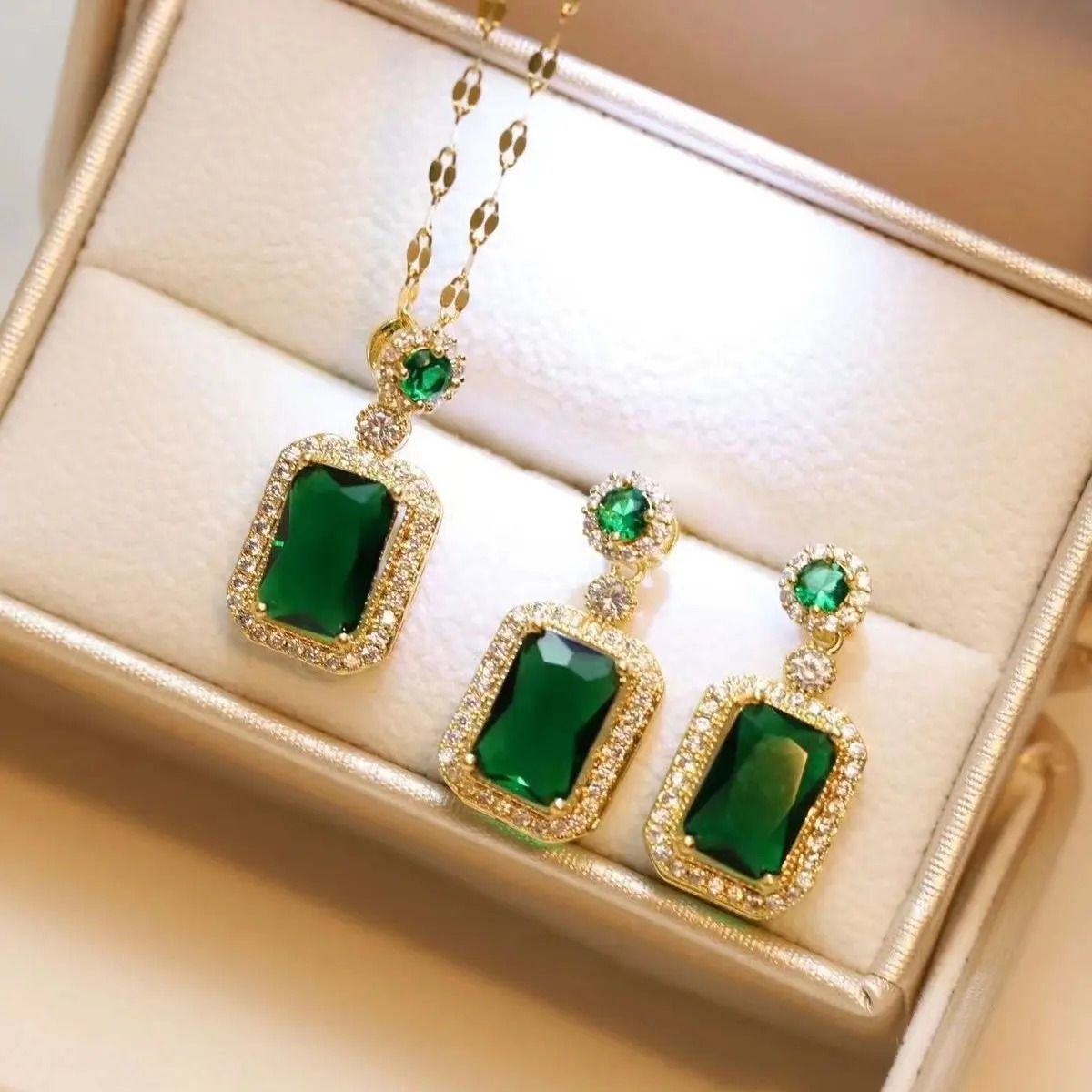 3 Pcs Set Emerald Ruby Diamond Rectangle Earrings Necklace Adjustable Ring Jewelry Set Wedding_2