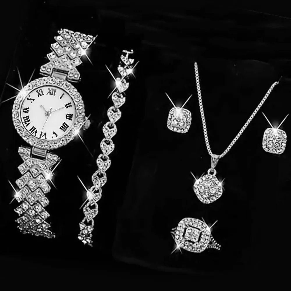 Fashion Luxury Full Crystal 5 Pcs Watch Set Necklace Earrings Set Jewelry For Women Gift_1