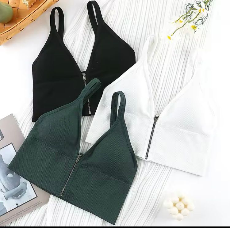 Sexy Zipper Female V Neck Wireless Bralette _0