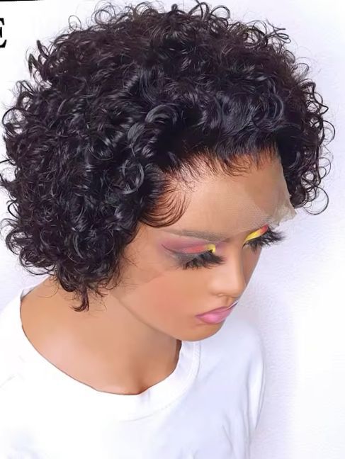 Curly Huma Hair Pixie Short Bob Wig 13*1 Lace , Pre Plucked Hairline_0