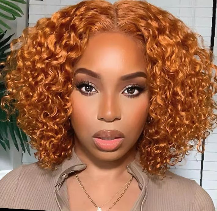 Mongolian Kinky Curly Ginger Short Bob Wig Front Lace_0