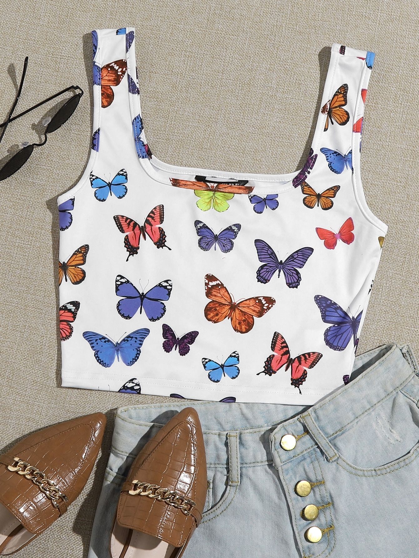 EZwear Butterfly Print Crop Tank Top_0