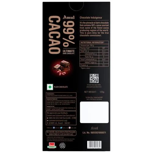 Amul 99% Cacao - Ultimate Dark Chocolate, 125 g_1