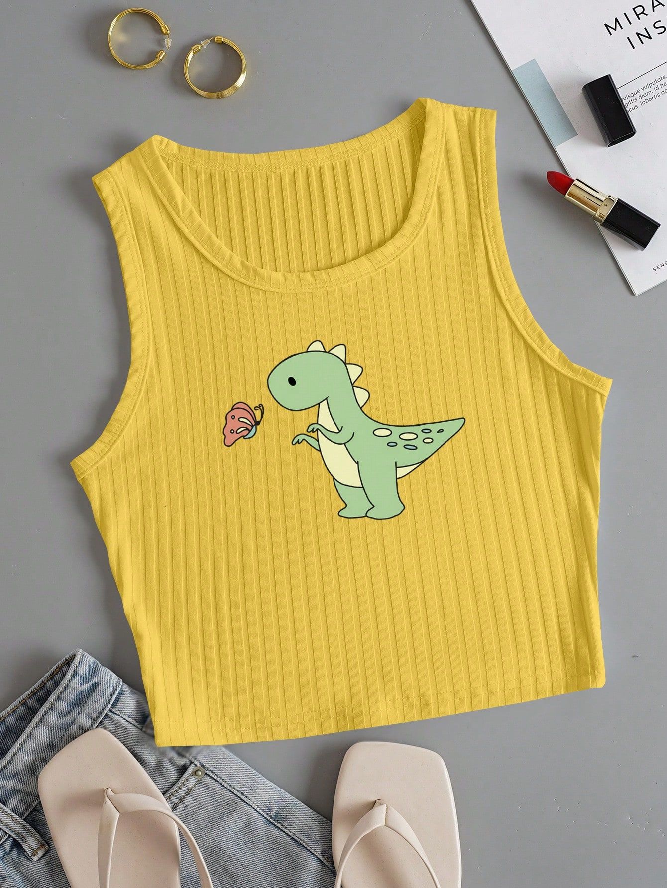 Qutie Cartoon Graphic Ribbed Knit Tank Top_0