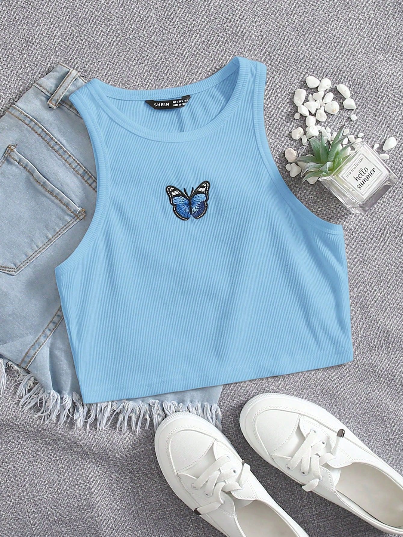 EZwear Butterfly Embroidery Rib-knit Tank Top_0