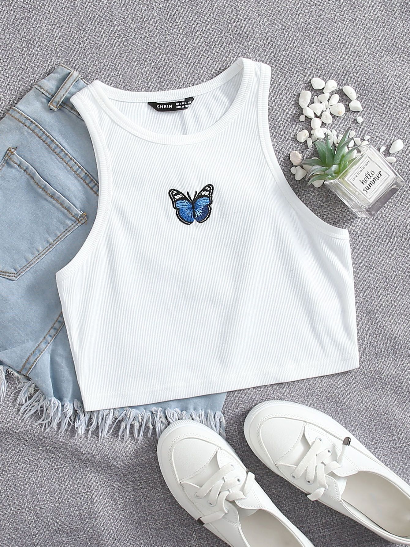 EZwear Butterfly Embroidery Rib-knit Tank Top_1