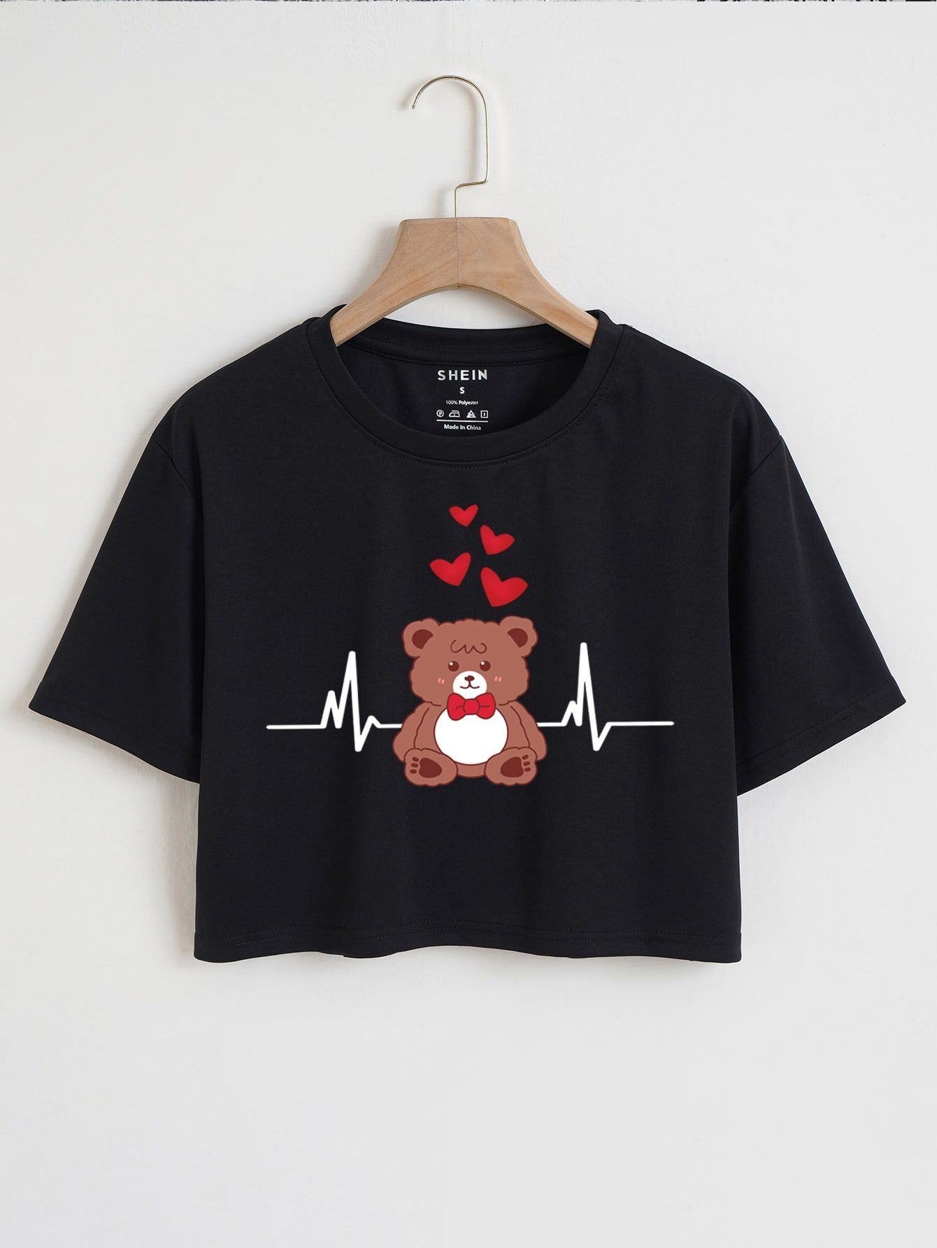 EZwear Cartoon Bear Print Crop Tee_0