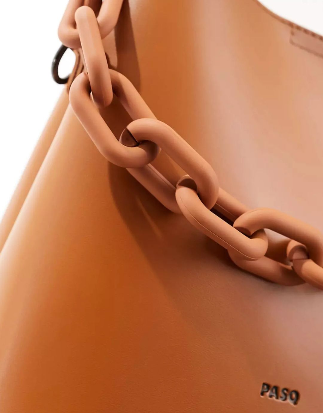 PASQ bucket bag with chain top handle and detachable crossbody strap in tan_3