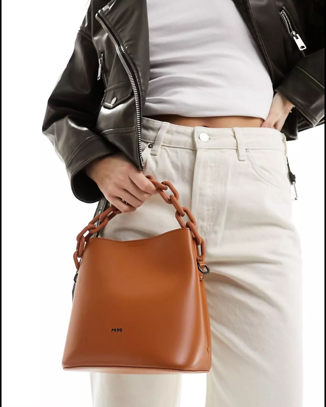 PASQ bucket bag with chain top handle and detachable crossbody strap in tan_1