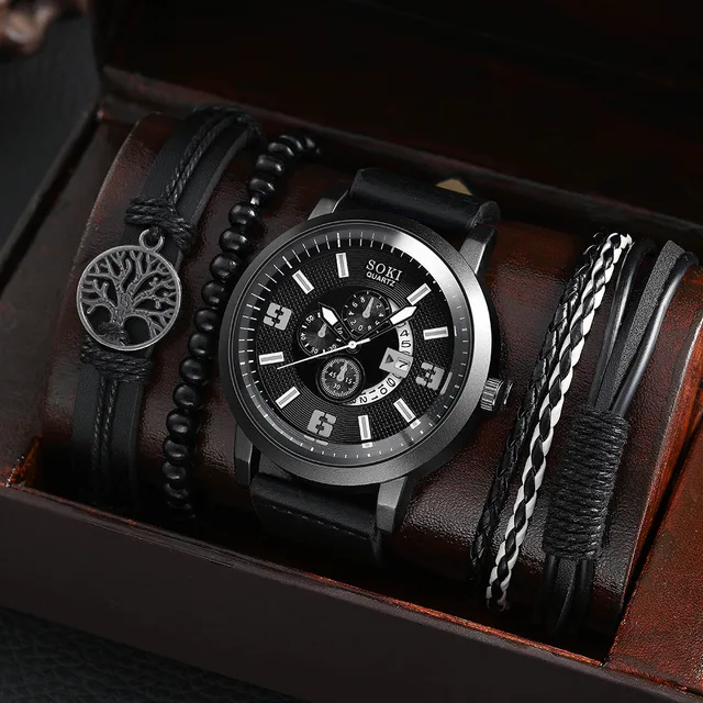 6272 4 pcs/Set Casual Leather Strap Number Date Quartz Wristwatch Man Simple Sport Style Male Clock_5