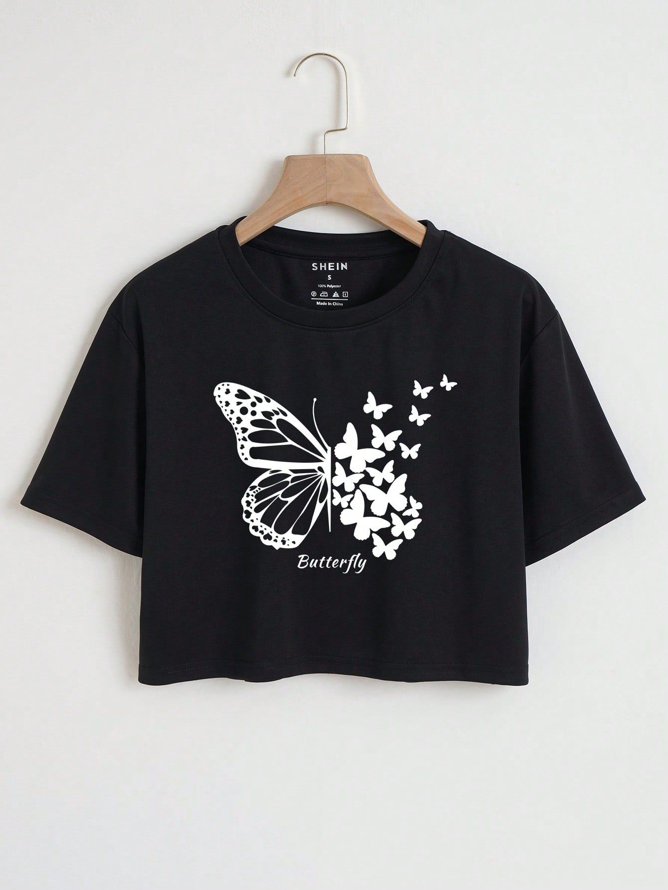 EZwear Butterfly & Letter Graphic Crop Tee_0