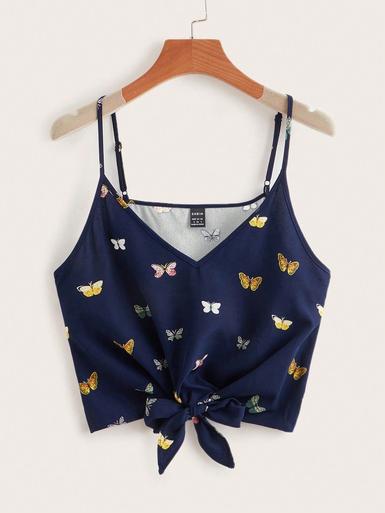 VCAY Vacation Tie Hem Butterfly Print Beach Summer One Piece Cami Crop Top_0