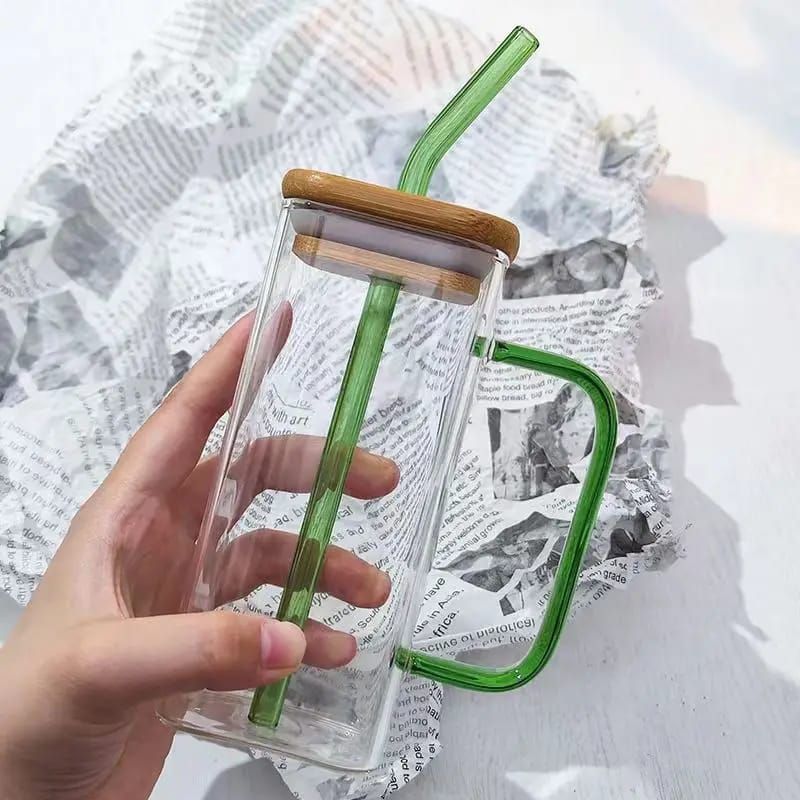 Transparent Borosilicate Drinking Glass Cup/Tumbler with bamboo lid _5