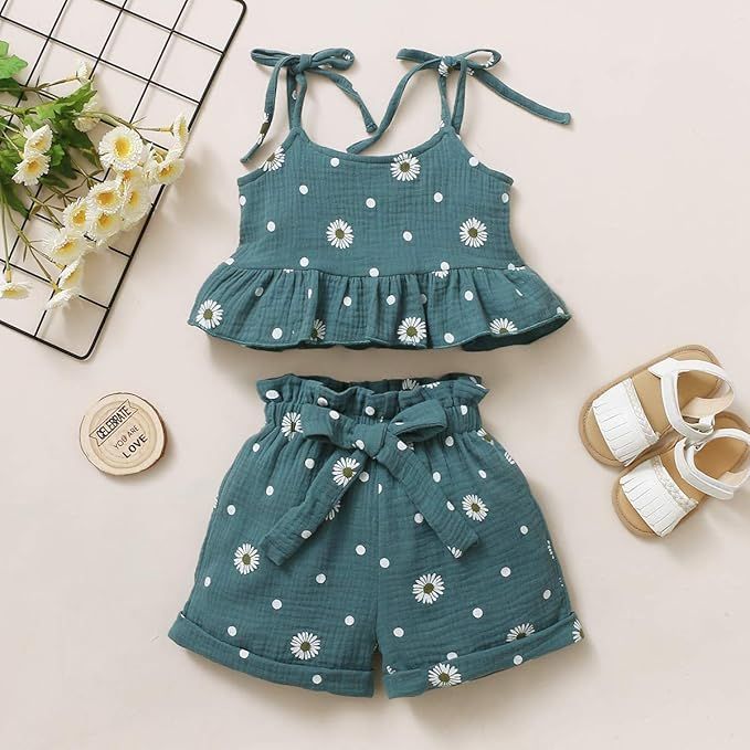 Toddler Baby Girl Summer Clothes Daisy Floral Print Halter Ruffle Tank Tops Shorts_0